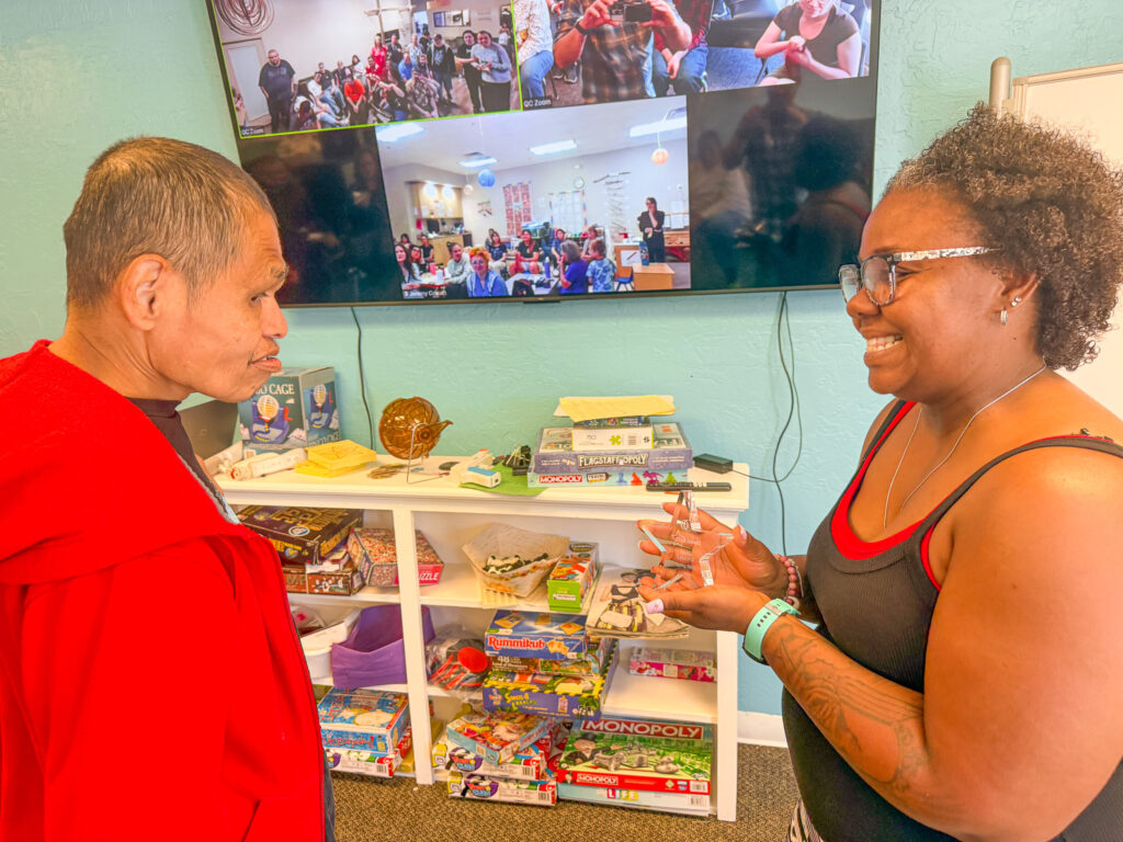 Mercedes Johns-Alanzo presents the STAR award to Terrill Gaseoma in Flagstaff as our Page program and Evergreen Academy Preschool participants watch via Zoom.